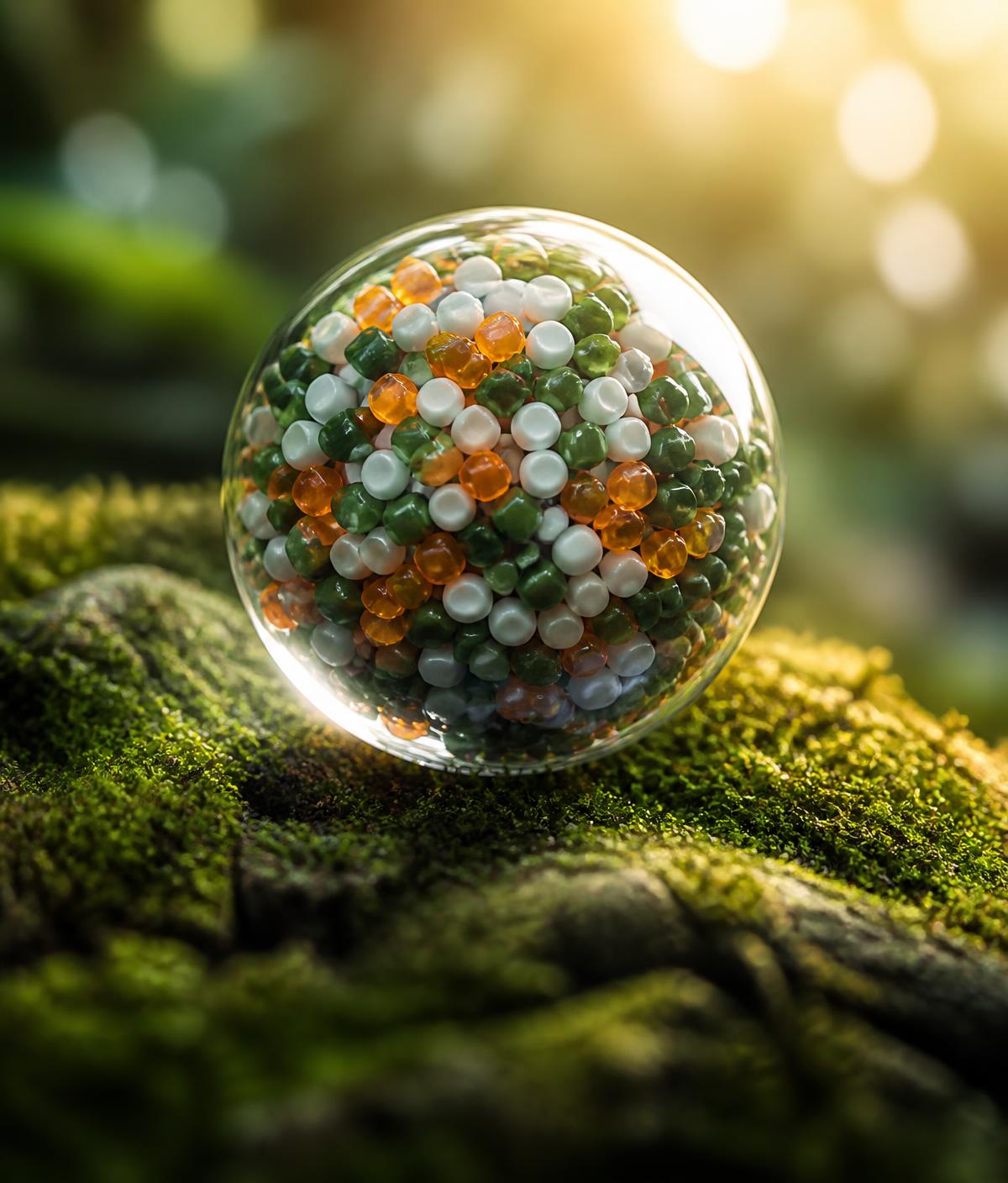 Glass sphere of green, orange and white polymer pellets resting on moss